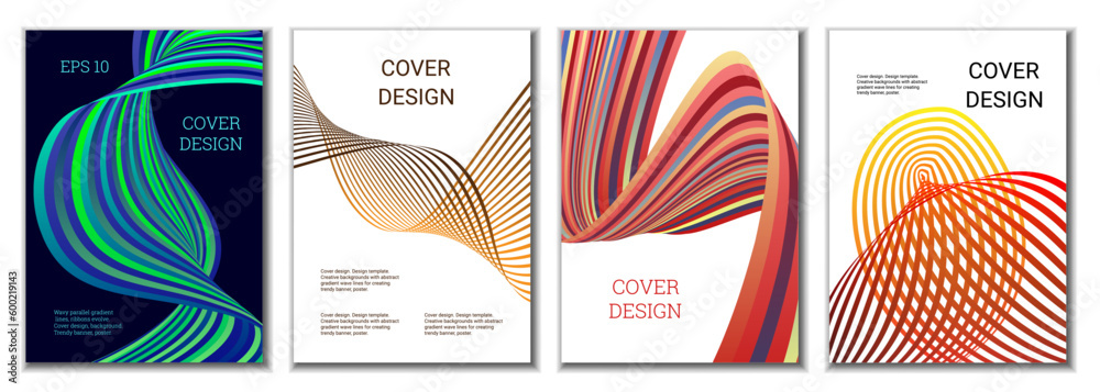 A set of 4 abstract covers. Wavy parallel gradient lines, ribbons evolve. Cover design, background. Trendy banner, poster. A set of 4 abstract covers. Wavy parallel gradient lines, ribbons evolve. Cover design, background. Trendy banner, poster.