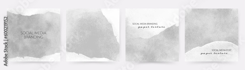 Minimalist social media post templates with torn paper texture and gray grunge background.