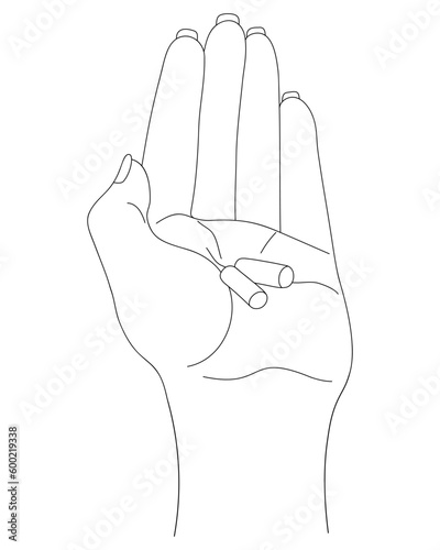 Medical capsules lie in the palm of your hand. Sketch. Vector illustration. A woman is holding pills in her hand. Coloring book. Outline on isolated background. 