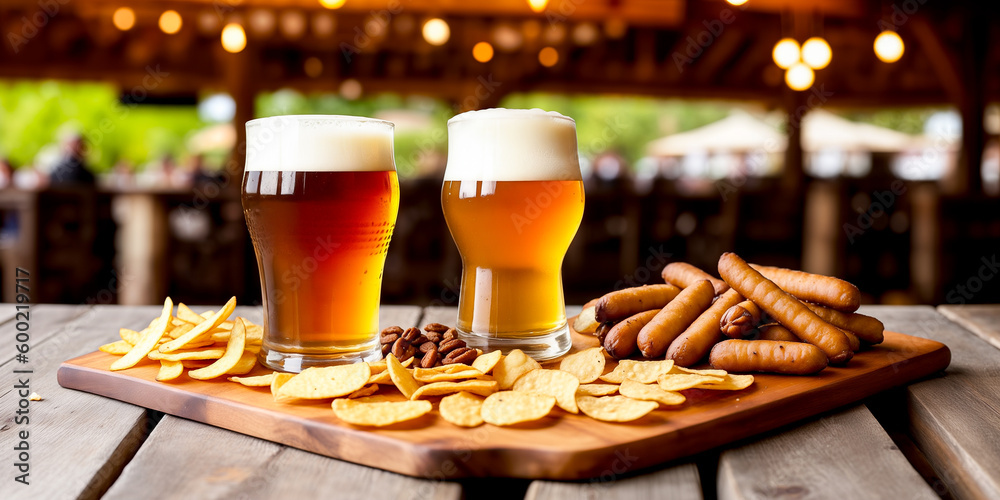 Two freshly poured glasses of light beer with foam and snacks, chips, nuts and sausages close-up on a wooden table against a background of a blurred country pub with dim lighting. Generative AI. Two freshly poured glasses of light beer with foam and snacks, chips, nuts and sausages close-up on a wooden table against a background of a blurred country pub with dim lighting. Generative AI.