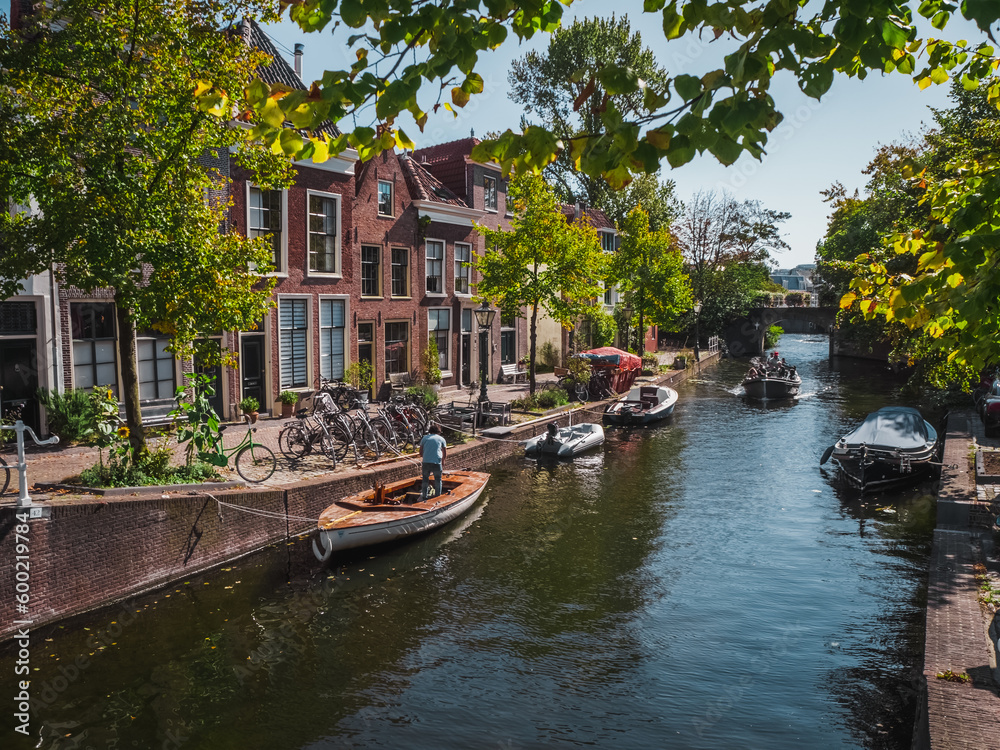 Leiden (The Netherlands). View of the canal and city street