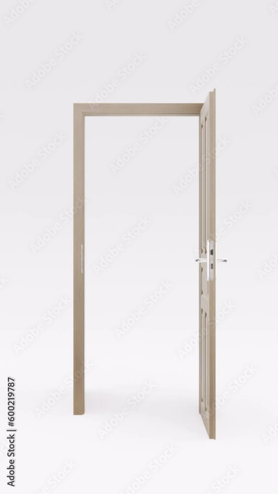 Wooden door opening isolated in white background, 3D representation, 4K, concept of opportunities, metaphor for new opportunities. Wooden door opening isolated in white background, 3D representation, 4K, concept of opportunities, metaphor for new opportunities.