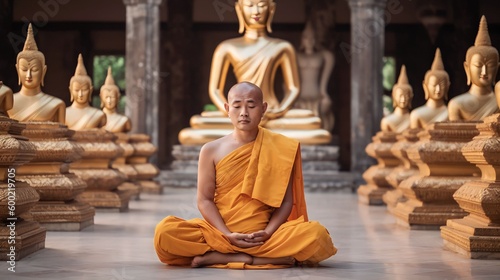 A monk meditating in the lotus position in front of golden Buddhas  Generative AI