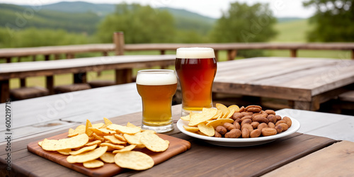 Two freshly poured glasses of light beer with foam and snacks, chips, nuts and sausages close-up on a wooden table against a background of a blurred country pub with dim lighting. Generative AI.