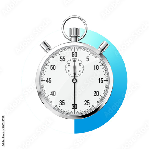 Realistic classic stopwatch. Shiny metal chronometer, time counter with dial. Blue countdown timer showing minutes and seconds. Time measurement for sport, start and finish. Vector illustration