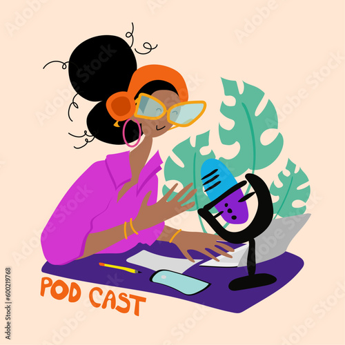 Podcast concept, Radio host with table laptop mic pencil flat vector illustration. Female podcaster with inscription, spiking to mic, broadcaster at workspace cartoon character