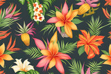 Seamless pattern with exotic flowers and green leaves
on a dark background.  Generative AI.