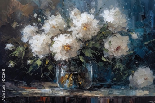 White peony flowers bouquet  in a vase, still life abstract impressionism oil painting style, ai generative