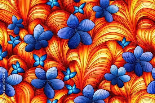 Seamless pattern with blue and orange waves. Generative AI.