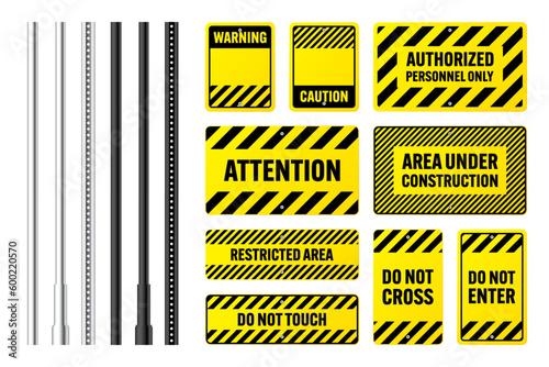 Warning, danger signs, attention banners with metal poles. Yellow caution sign, construction site signage. Notice signboard, warning banner, road shield. Vector illustration