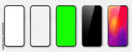 Smartphone with blank touch screen and abstract colorful wallpaper, green chroma key background. Frameless mobile phone in front view. High quality detailed device mockup. Vector illustration