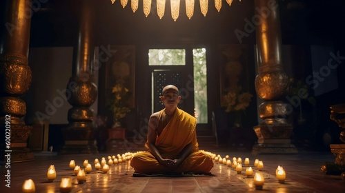 A monk meditating in the lotus position in front of golden Buddhas, Generative AI © Salsabila Ariadina