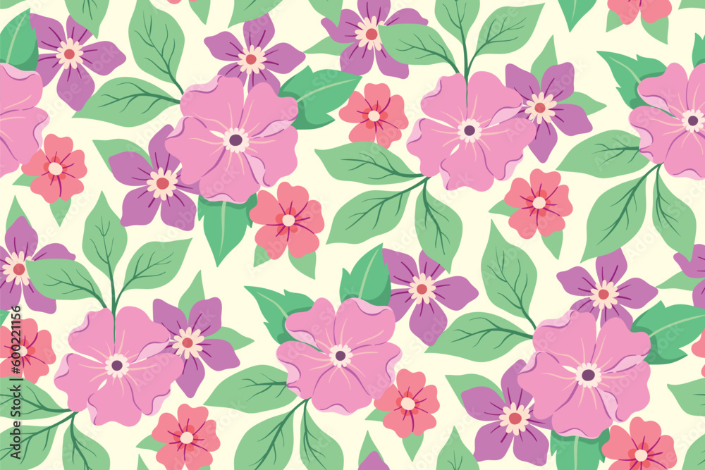 Seamless floral pattern, cute ditsy print with decorative art plants in pastel colors. Pretty botanical design with small hand drawn flowers, leaves, bouquets on white background. Vector illustration.