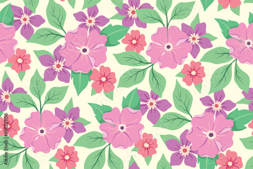 Seamless floral pattern, cute ditsy print with decorative art plants in pastel colors. Pretty botanical design with small hand drawn flowers, leaves, bouquets on white background. Vector illustration.