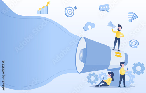 Business idea. Digital marketing satisfaction strategy use online channel to attract customer. Analyze market trends and customer behavior, identify goals. Vector illustration with copy space.