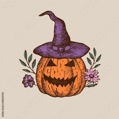 Happy Halloween. Illustration of pumpkin head, hat, plant, flowers. Composition for the autumn holiday All Saints' Eve. Drawn by hand. Design element. For postcard, poster, polygraphy, template.