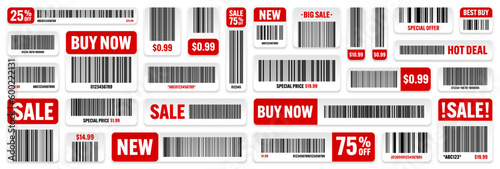Set of product barcodes. Special offer, sale stickers, shopping discount label or promotional badge. Serial number, product ID. Store or supermarket scan labels, price tag. Vector illustration