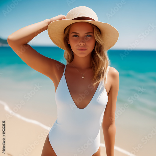 Attractive sexy blonde girl with long hair in a straw hat in a white one piece swimsuit on a paradise beach on a sunny day on the shore of an exotic sea or ocean. Generative AI.