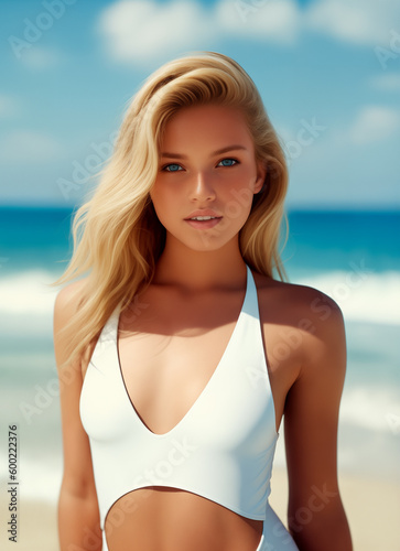 Attractive sexy blonde girl with long hair in a white swimsuit on a paradise beach on a sunny day on the shore of an exotic sea or ocean. Generative AI. © Sergiy