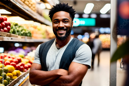 Portrait of happy smiling Buyer enjoys shopping time at fruit counter in a grocery supermarket. Generative AI