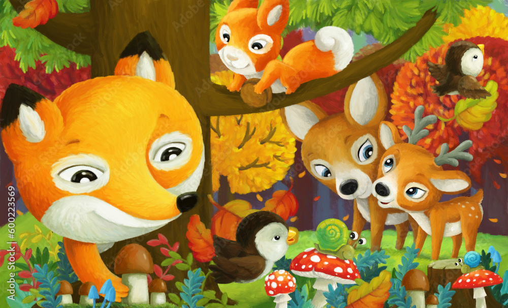 cartoon scene forest animals friends having fun