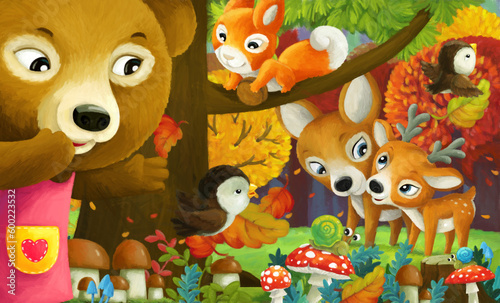 Fototapeta Naklejka Na Ścianę i Meble -  cartoon scene forest animals friends having fun