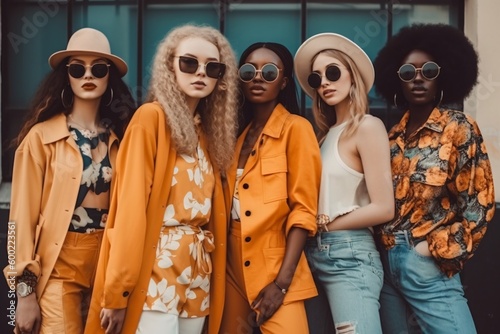 Fashionista Friends: Group shot of stylish diversity female friends hanging out in trendy outfits. Generative AI.