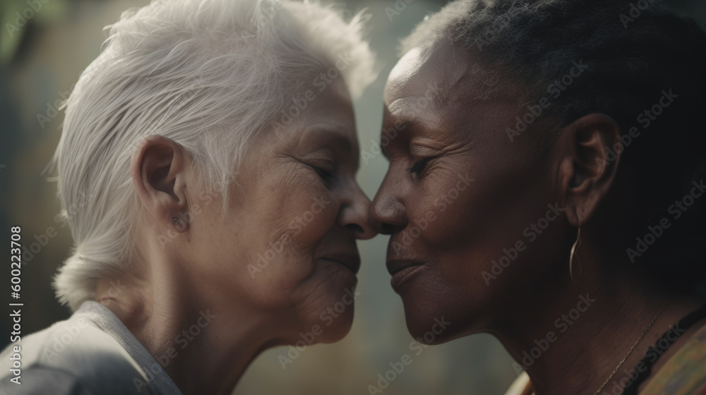 Old women lesbian couple. Black and Caucasian female in love. LGBT pride month celebration generative ai Old women lesbian couple. Black and Caucasian female in love. LGBT pride month celebration generative ai