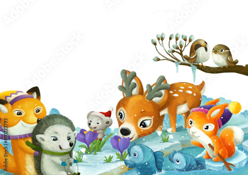 Fototapeta Naklejka Na Ścianę i Meble -  cartoon scene with christmas animals in the forest near the stream illustration