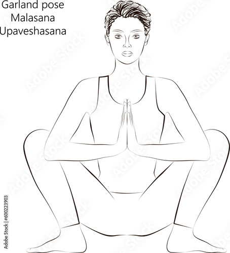 Sketch of young woman practicing yoga, doing Garland pose or Yogi Squat pose. Malasana or Upaveshasana. Seated and Balancing. Beginner. Vector illustration isolated on transparent background.