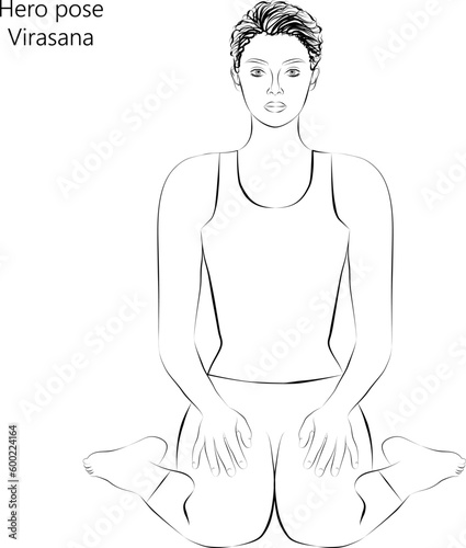 Sketch of young woman practicing yoga, doing Hero pose. Virasana. Seated and Backbend. Beginner. Vector illustration isolated on transparent background.