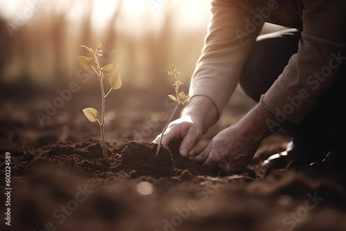 Hands of an adult and a child, kid planting in the ground, Sustainable development goals of promote clean energy. Renewable energy-based. Sustainable development on renewable energy and growing ecolog