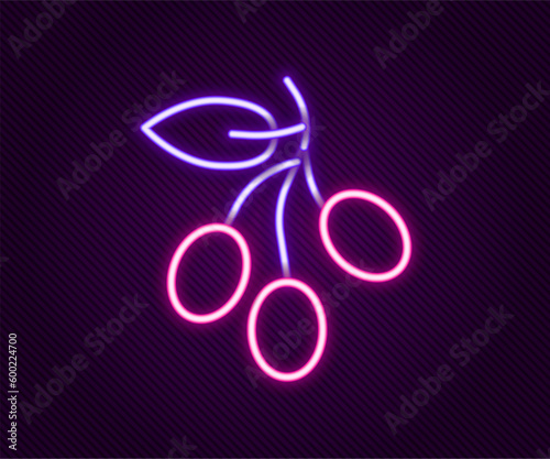 Glowing neon line Olives branch icon isolated on black background. Colorful outline concept. Vector