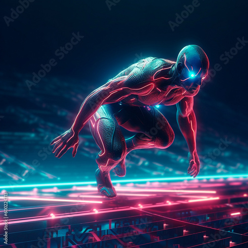 neon cyborg man on sports. High quality Generative AI