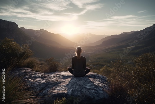 Mountain Meditation: A female woman doing yoga on a mountaintop with a beautiful landscape in the background. Generative Ai. © ckybe