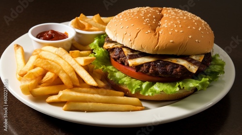 Fresh tasty burger on dark background AI image 