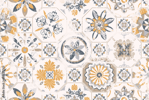 Seamless vintage pattern with scuffed effect. Patchwork tile. Hand-drawn seamless abstract tile pattern. Azulejos patchwork tiles. Portuguese and Spanish decor. Hexagonal pattern.