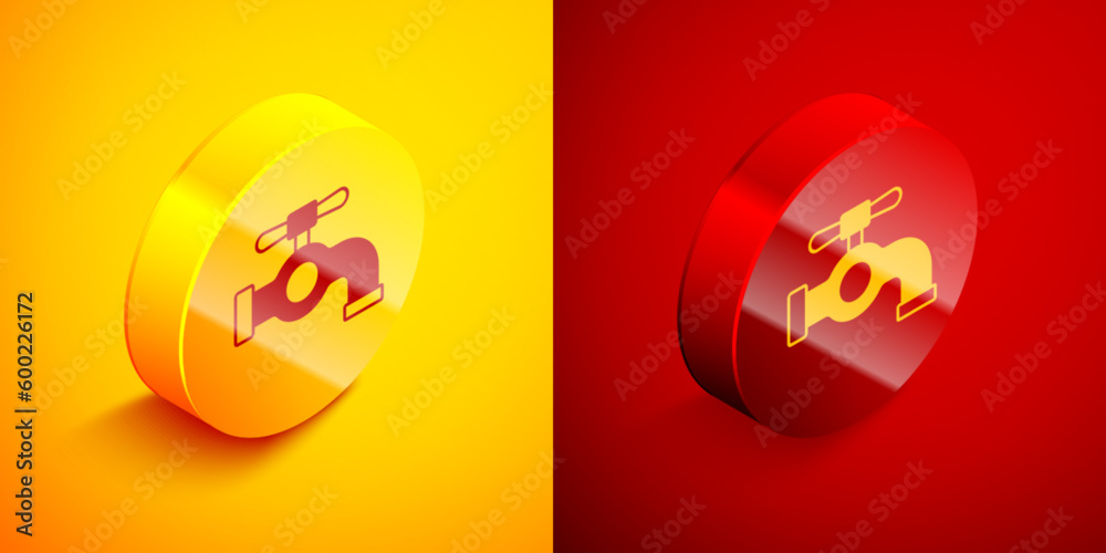 Isometric Water tap icon isolated on orange and red background. Circle button. Vector Isometric Water tap icon isolated on orange and red background. Circle button. Vector
