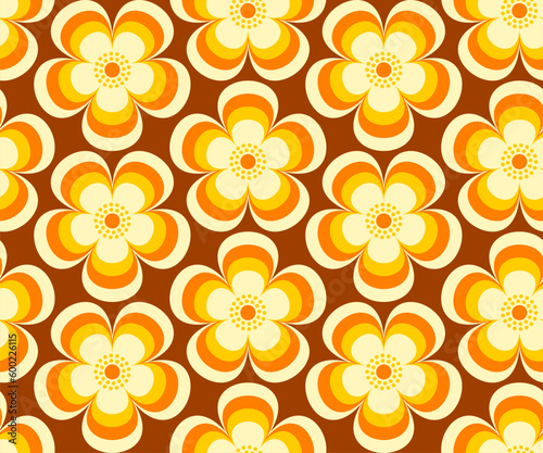 Retro floral, Mid Century modern flowers in orange, yellow, brown colors, 1970s mod style, seamless vector pattern