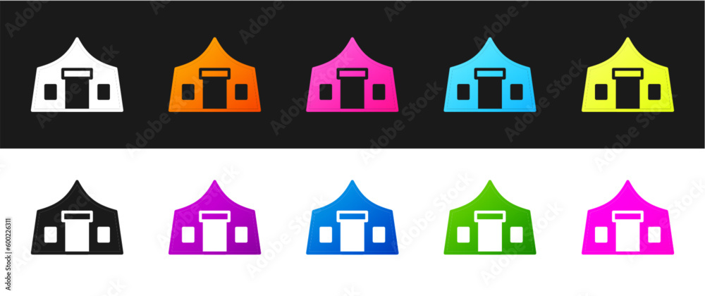 Set Tourist tent icon isolated on black and white background. Camping symbol. Vector
