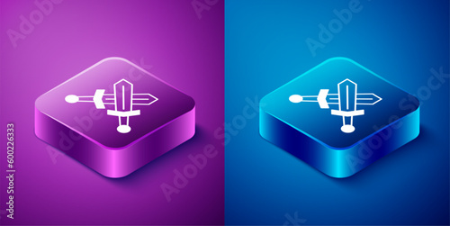 Isometric Crossed medieval sword icon isolated on blue and purple background. Medieval weapon. Square button. Vector