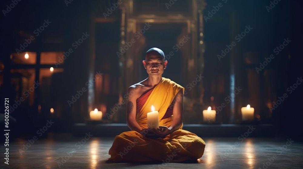 A monk meditating in the lotus position in front of golden Buddhas, Generative AI - obrazy, fototapety, plakaty 