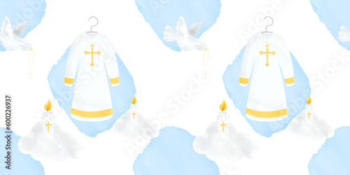 Seamless Pattern Baptismal Gown Peace Dove and Prayer Candle Vector Illustration