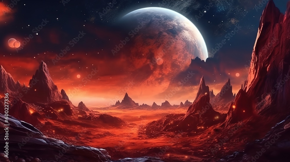 Landscape of an alien planet in red color with rocks, meteorites, asteroids and planets. AI generation Landscape of an alien planet in red color with rocks, meteorites, asteroids and planets. AI generation