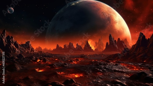 Fantastic landscape of Mars in red tones. AI generation
