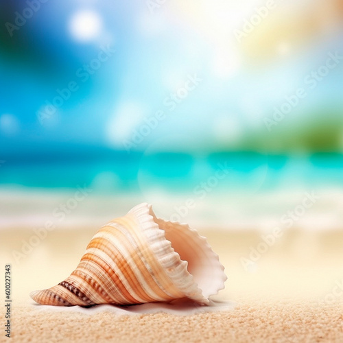 Background with a beautiful shell on the beach. High quality illustration Generative AI © NeuroSky