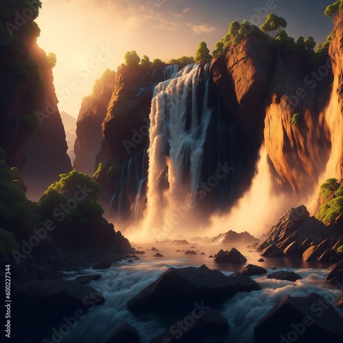 Sunset with a waterfall - generative Ai