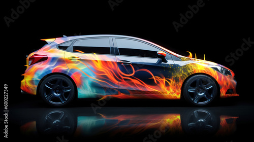 Car with airbrushing and neon lights on a dark background. AI generation © dwoow