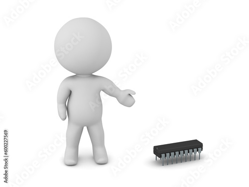 3D Character Showing a Small Microchip