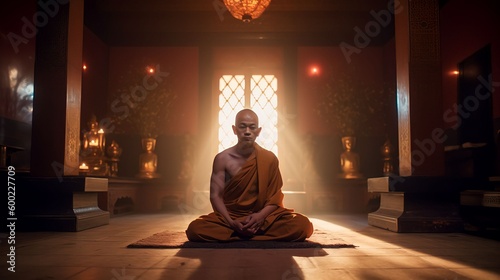 A monk meditating in the lotus position in front of golden Buddhas  Generative AI